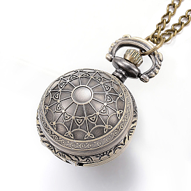 Carved Alloy Flat Round Pendant Necklace Quartz Pocket Watches, with Iron Chains and Lobster Claw Clasps