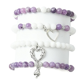 4Pcs 4 Style Natural Mixed Gemstone Beaded Stretch Bracelets Set, Heart & Mushroom Alloy Charms Stackable Bracelets