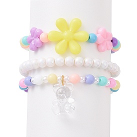 3Pcs 3 Style Acrylic Flower Beaded Stretch Bracelets Set with Bear Charms for Kids