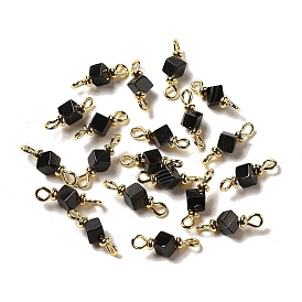 Natural Black Agate Connector Charms, Cube Links with Real 18K Gold Plated Brass Double Loops