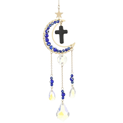 Cross Synthetic Turquoise & Brass Moon Suncatchers, Glass Teardrop Charm and Handmade Evil Eye Lampwork Bead for Window Hanging Decor