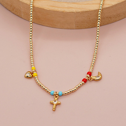 Chic Love Crescent Cross Necklace with Pearl Beads and Letter Charms for Women