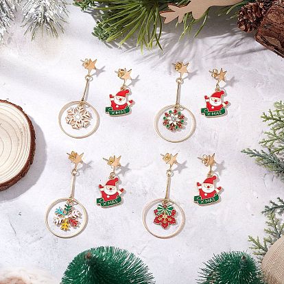 4 пары 4 стили серьги-гвоздики с подвесками из сплава и эмали на рождественскую тематику, с латунными соединительными кольцами и 304 фурнитурой для сережек-гвоздиков, золотые
