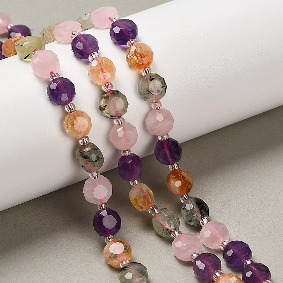 Нити бусин из натурального аметиста, пренита, розового кварца и цитрина, плоско-круглые, граненые, с бисером