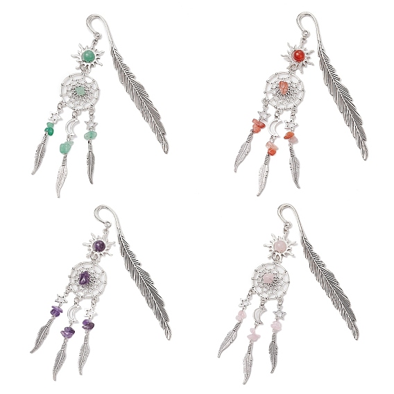 Сплав солнца и плетеная сетка/паутина с подвесками-перьями закладки, с натуральными бусинами из драгоценных камней