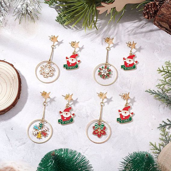 4 пары 4 стили серьги-гвоздики с подвесками из сплава и эмали на рождественскую тематику, с латунными соединительными кольцами и 304 фурнитурой для сережек-гвоздиков, золотые