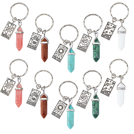 10Pcs Natural & Synthetic Gemstone Keychains, with Iron Rings