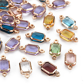 Glass Links Connectors, with Light Gold Tone Brass Findings, Long-Lasting Plated, Faceted, Rectangle
