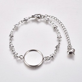 304 Stainless Steel Bracelet Making, with Lobster Claw Clasps, Star Link Chains and Flat Round Cabochon Settings