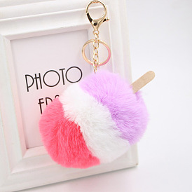 Ice Cream Pom-Pom Keychain for Women, Imitation Rabbit Fur Car Charm Bag Pendant