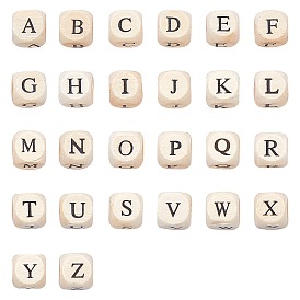 Printed Natural Wood Beads, Cube with Initial Letter, PapayaWhip
