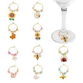 10Stück 10Stile Glas Weinglas Charms, mit Emaille-Anhängern aus Legierung, Weinglas-Anhänger aus Messing, Ring