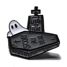 Alloy Enamel Brooches, Enamel Pin, for Halloween, with Rubber Clutches, Ghost with Coffin, Word Learn To Fear Spooky All Year, Dark Olive Green