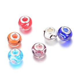 Rondelle Lampwork Large Hole European Beads, with Silver Color Plated Brass Cores, 13~14x10~11mm, Hole: 5mm