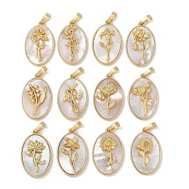 Rack Plating Brass Pave Shell Oval Pendants, Birth Flower Charms, Real 18K Gold Plated, Long-Lasting Plated, Lead Free & Cadmium Free