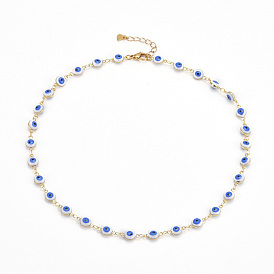 Brass Enamel Evil Eye Link Chain Necklaces, with 304 Stainless Steel Lobster Claw Clasps, Deep Sky Blue
