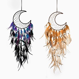 Moon Woven Web/Net with Feather Hanging Ornaments, Iron Ring and Wood Beads for Home Living Room Bedroom Wall Decorations