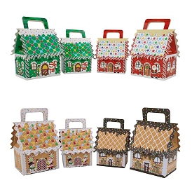 Christmas Printed House Shaped Paper Candy Gift Tote Boxes, Candy Packaging Boxes with Handle, Cartons Chocolate Christmas Party Gifts For Guests