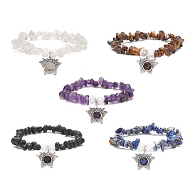 Natural Gemstone Chips Stretch Bracelet with Alloy Lotus Charms for Men Women