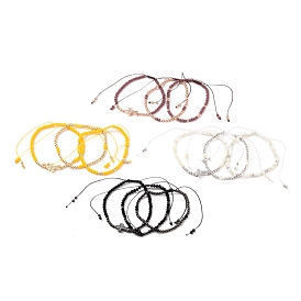 Adjustable Nylon Cord Braided Bead Bracelets Sets, with Glass Seed Beads, Brass Round Beads and Brass Micro Pave Clear Cubic Zirconia Cross Beads