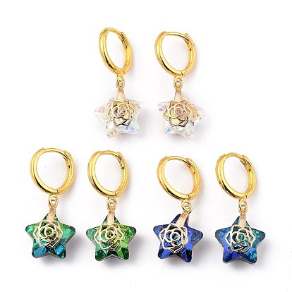 Brass Huggie Hoop Earring, with Electroplate Glass Pendants, Star, Golden