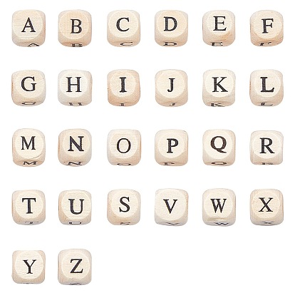 Printed Natural Wood Beads, Cube with Initial Letter, PapayaWhip