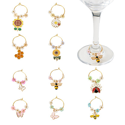 10Stück 10Stile Glas Weinglas Charms, mit Emaille-Anhängern aus Legierung, Weinglas-Anhänger aus Messing, Ring