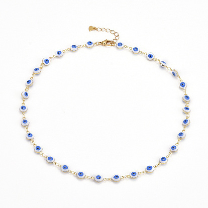 Brass Enamel Evil Eye Link Chain Necklaces, with 304 Stainless Steel Lobster Claw Clasps, Deep Sky Blue