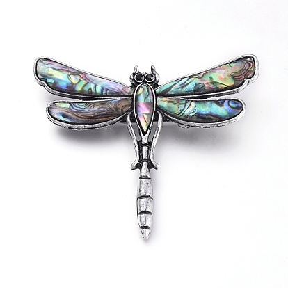 Natural Abalone/Paua Shell Brooch, with Enamel, Rhinestone and Alloy Findings, Dragonfly