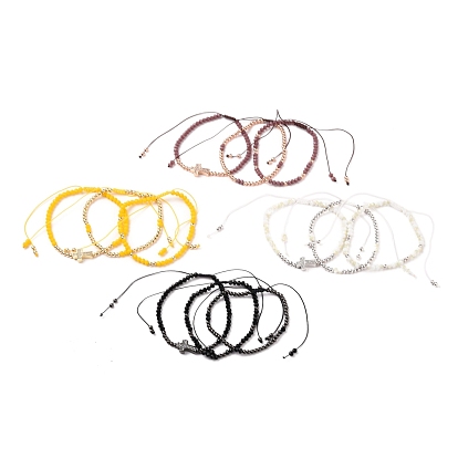Adjustable Nylon Cord Braided Bead Bracelets Sets, with Glass Seed Beads, Brass Round Beads and Brass Micro Pave Clear Cubic Zirconia Cross Beads