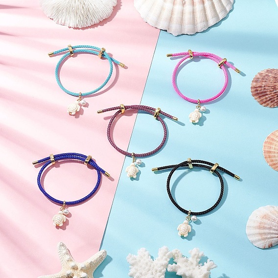 Браслеты с подвесками из окрашенной синтетической бирюзы, регулируемые 304 браслеты из нержавеющей стали для мужчин и женщин, с жемчугом из раковины 