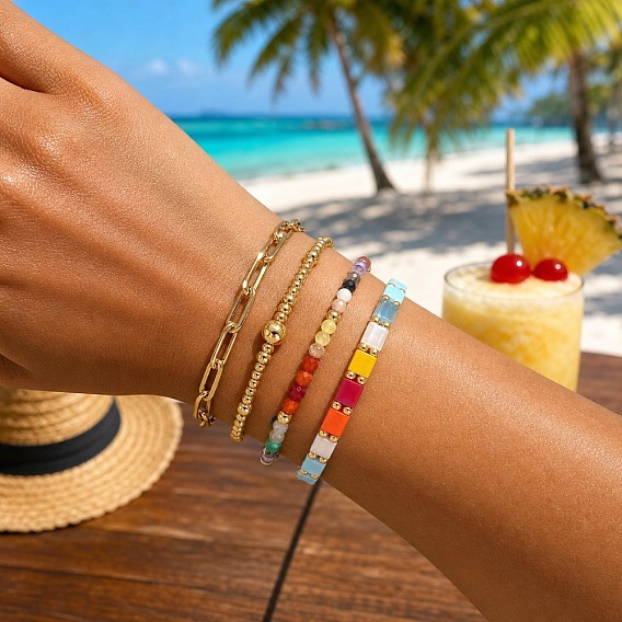 Colorful Glass Gemstone Brass Beaded Stretch Bracelet Sets, 304 Stainless Steel Paperclip Chain Bracelets, Adjustable Stackable Bracelets