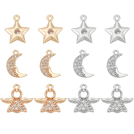 12 шт. 6 стиль стойка покрытие латунь микро паве прозрачные кубические цирконии подвески, долговечный, без кадмия и без свинца, луна и звезда и ангел
