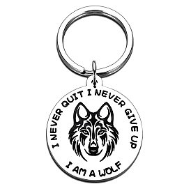 304 Stainless Steel Flat Round with Wolf Head Pattern Pendant Keychains, for Car Key Bag Ornament