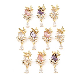 Brass Micro Pave Cubic Zirconia Pendants, Oval with Butterfly & Teardrop Charms, Long-Lasting Plated, Golden