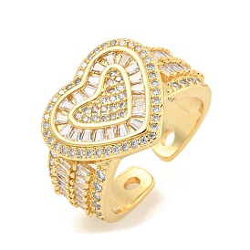 Heart Clear Cubic Zirconia Wide Open Cuff Ring, Brass Finger Rings for Women