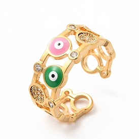 Colorful Enamel Evil Eye Open Cuff Ring with Cubic Zirconia, Brass Jewelry for Women