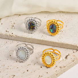 304 Открытые кольца-манжеты из нержавеющей стали с натуральными ракушками для женщин, овальные