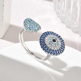 Brass Micro Pave Cubic Zirconia Cuff Open Rings, Heart with Evil Eye