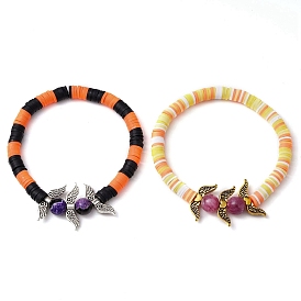 2Pcs 2 Styles Halloween Dyed Natural Fire Crackle Agate & Quartz & Polymer Clay Beaded Stretch Bracelet Sets, Heart Wings Stackable Bracelets