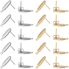 40Pcs 2 Colors 201 Stainless Steel Oval Stud Earring Findings, with 304 Stainless Steel Pins & with Horizontal Loops