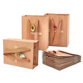 Kraft Paper Gift Shopping Bags, with Handle, Rectangle with Flower and Word