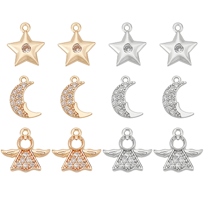 12 шт. 6 стиль стойка покрытие латунь микро паве прозрачные кубические цирконии подвески, долговечный, без кадмия и без свинца, луна и звезда и ангел