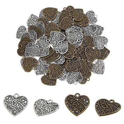 70Pcs 2 Colors Tibetan Styles Alloy Pendants, Heart with Word Mon