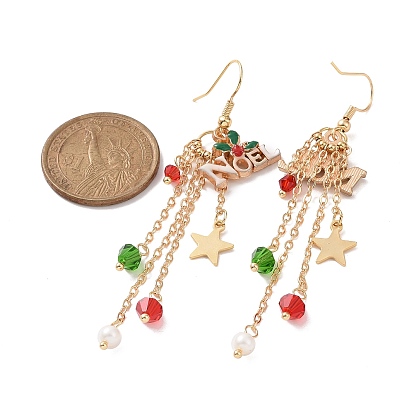 Word Noel Alloy Enamel & Glass Beads Dangle Earrings, Golden Brass Tassel Earrings for Christmas