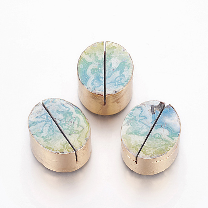 Natural Map Stone/Polychrome Jasper/Picasso Stone/Picasso Jasper Name Card Holder, Edge Golden Plated, Oval