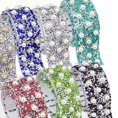 0.4M Resin Pearl & Rhinestone Beaded Trim, Iron On Patch Hotfix Ribbon with Adhesive Back, for DIY Art Craft