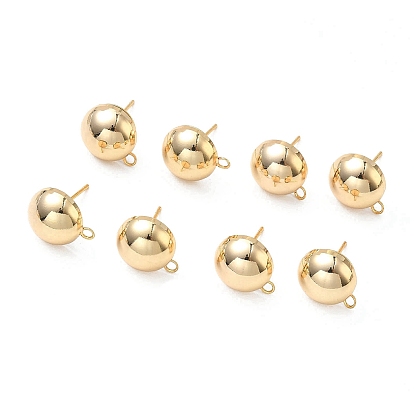 SHEGRACE Brass Stud Earring Findings, Half Round, with Loop, Cadmium Free & Nickel Free & Lead Free, Long-Lasting Plated