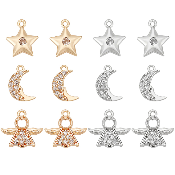 12 шт. 6 стиль стойка покрытие латунь микро паве прозрачные кубические цирконии подвески, долговечный, без кадмия и без свинца, луна и звезда и ангел