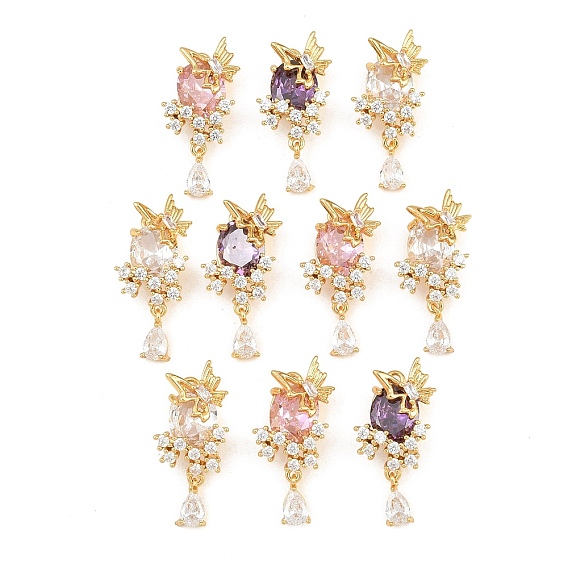 Brass Micro Pave Cubic Zirconia Pendants, Oval with Butterfly & Teardrop Charms, Long-Lasting Plated, Golden